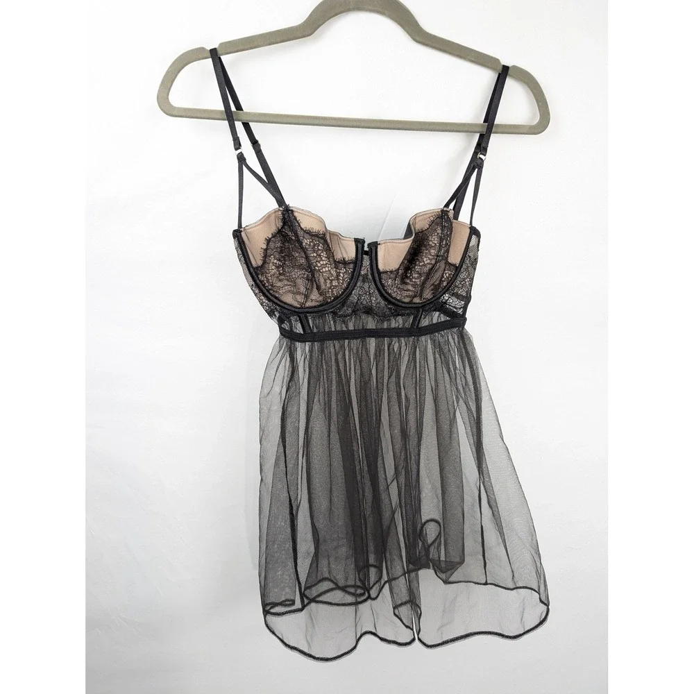 Victorias Secret Floral Lace Sheer Mesh Babydoll Lingerie Sz 34C Black Underwire